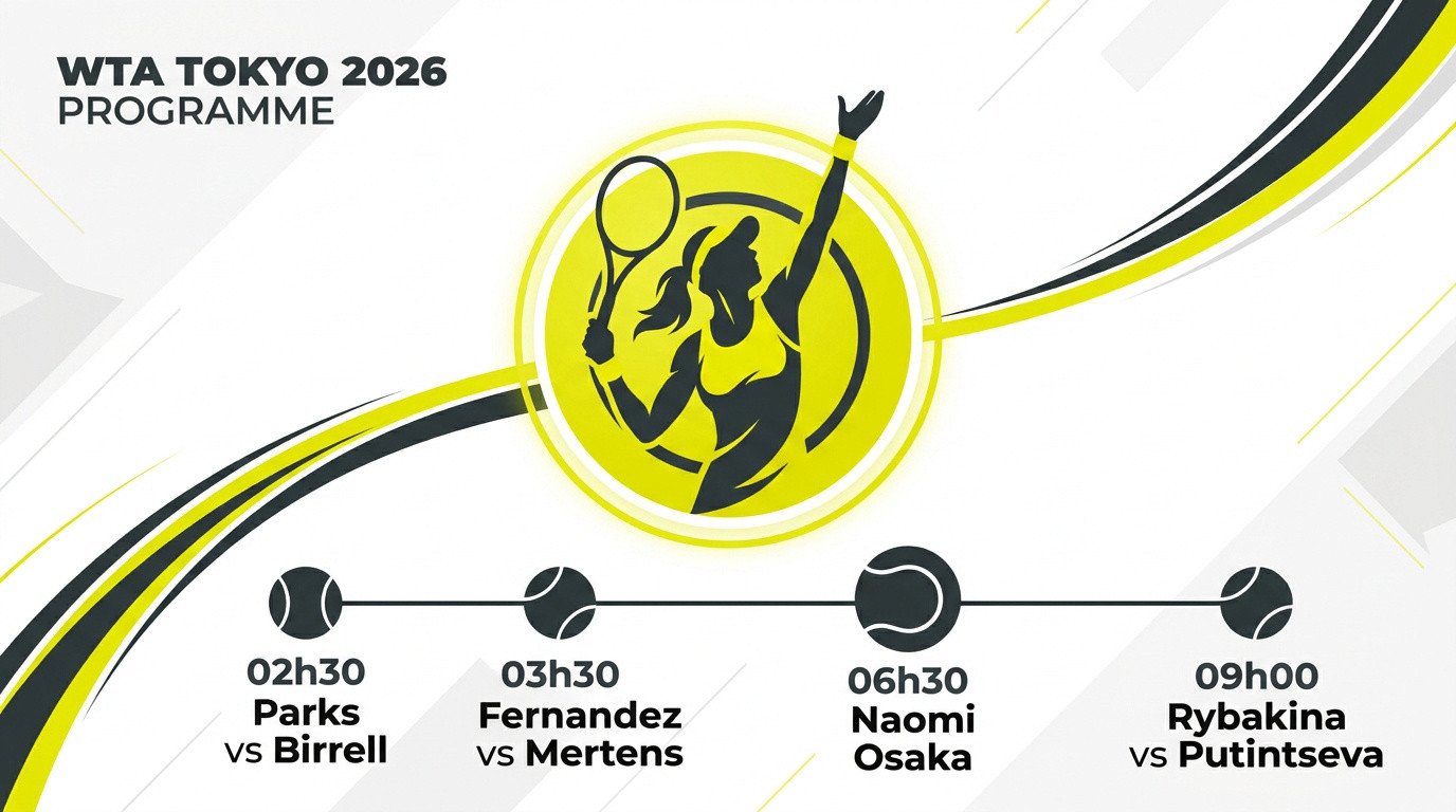 Affiche officielle du <strong>programme des huitièmes de finale du tournoi WTA 500 de Tokyo</strong> 2026″></p>
<h3>L’ordre de passage sur le court central dès 02h30</h3>
<p>Le programme des huitièmes de finale du tournoi WTA 500 de Tokyo, prévu le 29 octobre 2026, avec les affiches opposant notamment Naomi Osaka, Elena Rybakina et Leylah Fernandez s’annonce dense. Alycia Parks ouvre le bal à 02h30 face à Kimberly Birrell.</p>
<div class=