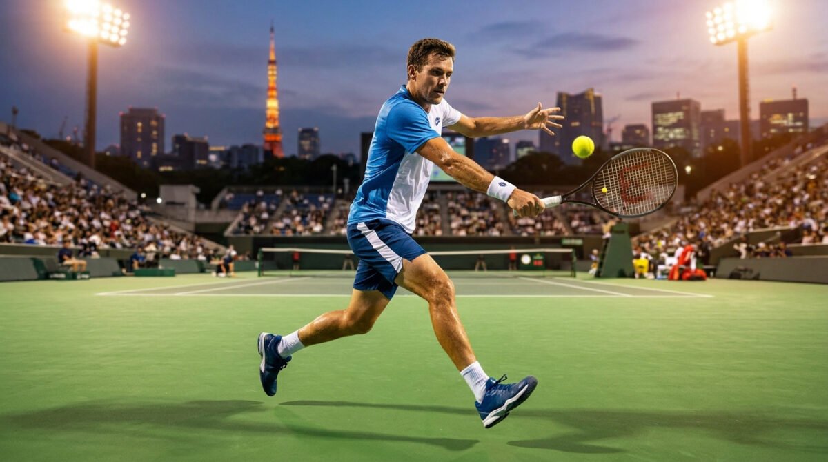 Joueur de tennis frappant une balle en plein mouvement sur un court à Tokyo au coucher du soleil avec la tour en fond.