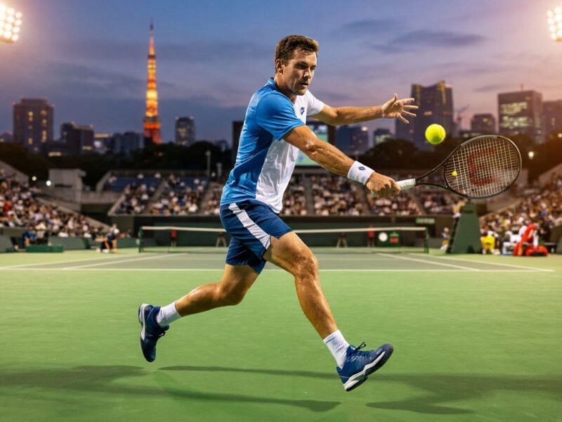 Joueur de tennis frappant une balle en plein mouvement sur un court à Tokyo au coucher du soleil avec la tour en fond.